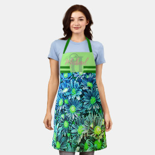 Tablier Blue Green Floral Monogramme Chef Apron Femmes