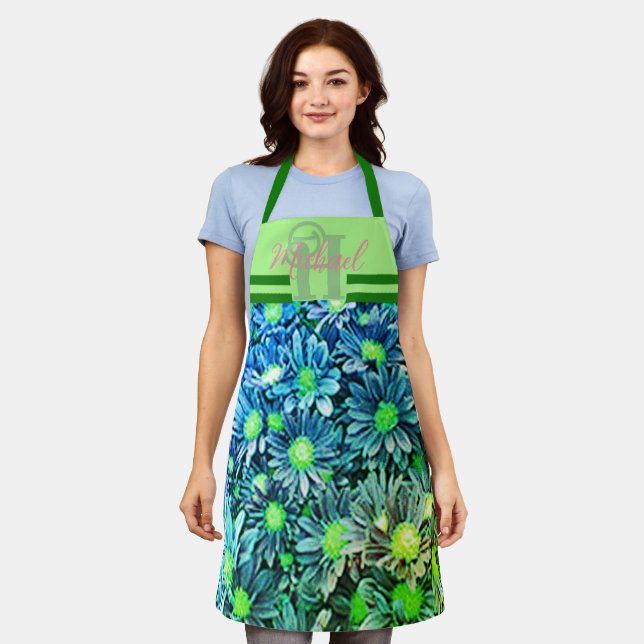 Tablier Blue Green Floral Monogramme Chef Apron Femmes (Porté)