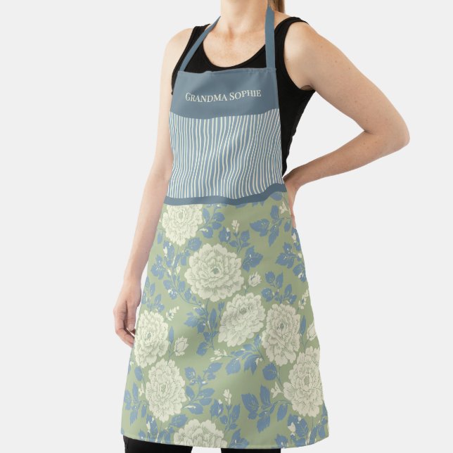 Tablier Blue Green Floral Personalized Block Print Stripe (Insitu)