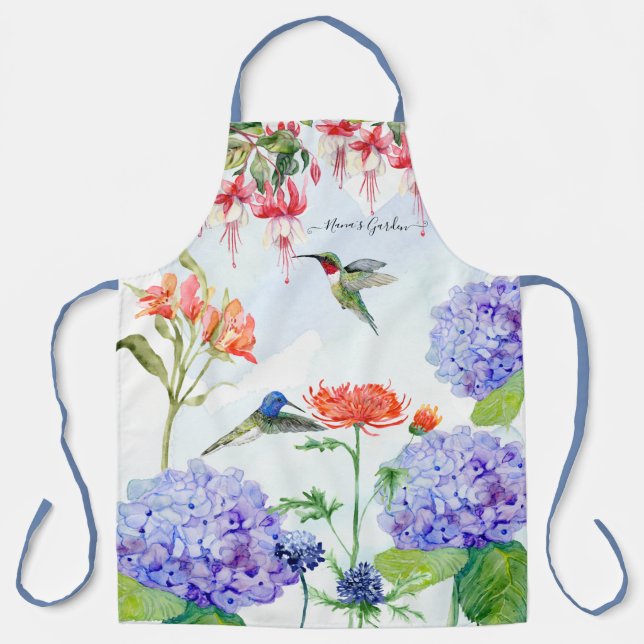Tablier Blue Hydrangea Floral Hummingbird Nanas Garden Art (Recto)