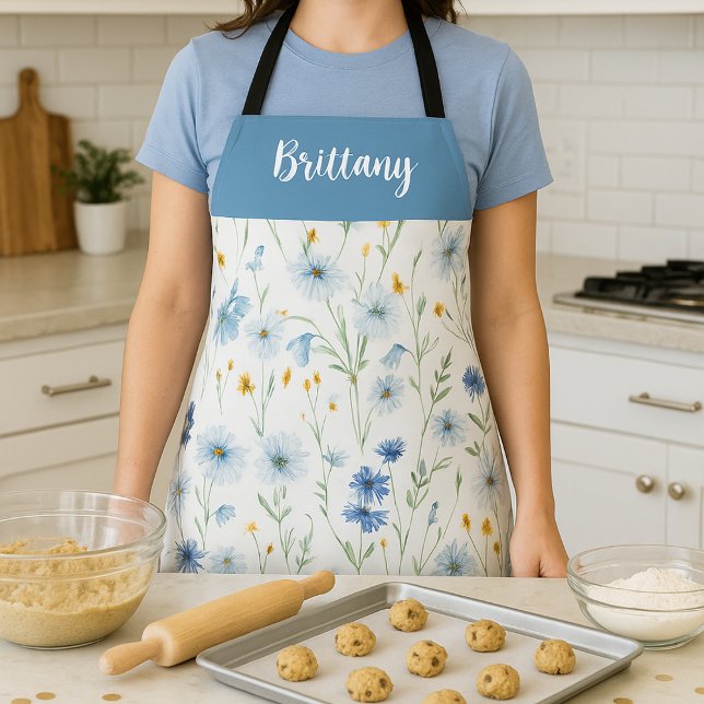 Tablier Blue Purple Aquarelle Fleur sauvage Nom personnali (Créateur téléchargé)