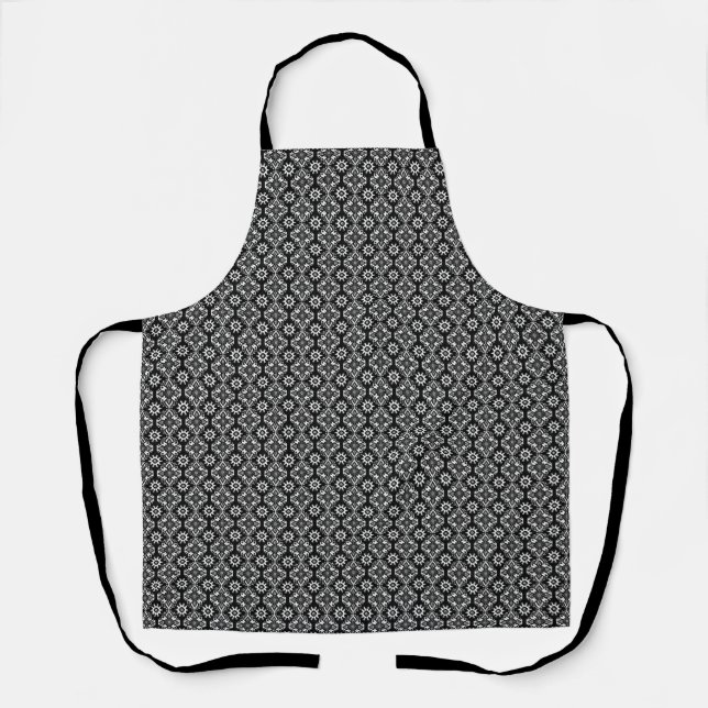 Tablier Boho Chic noir et blanc motif floral (Recto)