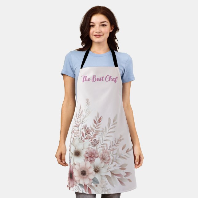 Tablier Boho floral avec une touche de rose (Porté)