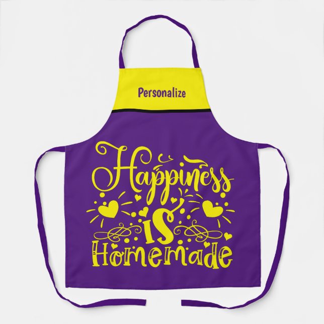 Tablier Bonheur fait maison Citation violet jaune (Recto)