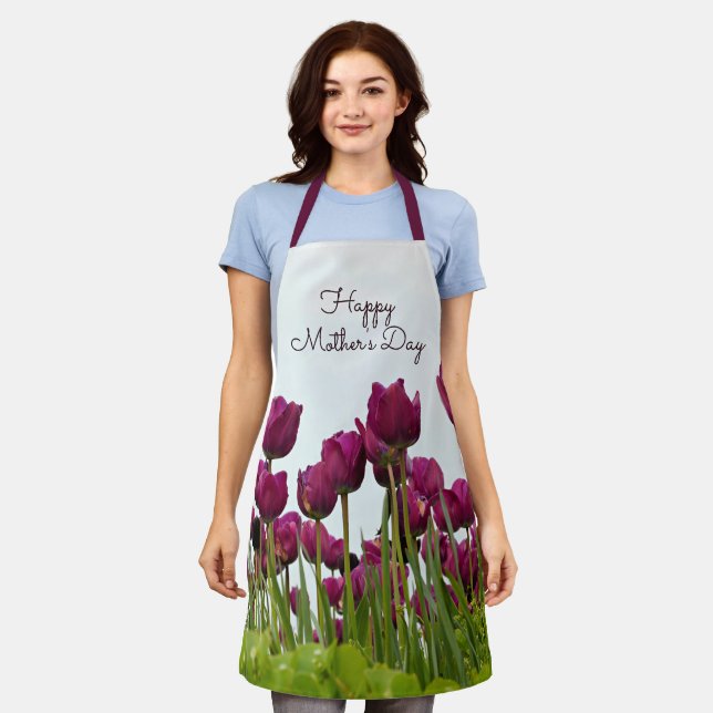 Tablier Bonne fête des mères, tulipes, (Porté)