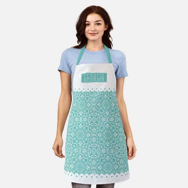 Tablier Bordures à motif damassé bleu turquoise clair (Porté)