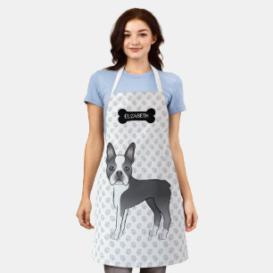 Tablier Boston Terrier de dessin animé bleu et blanc & nom