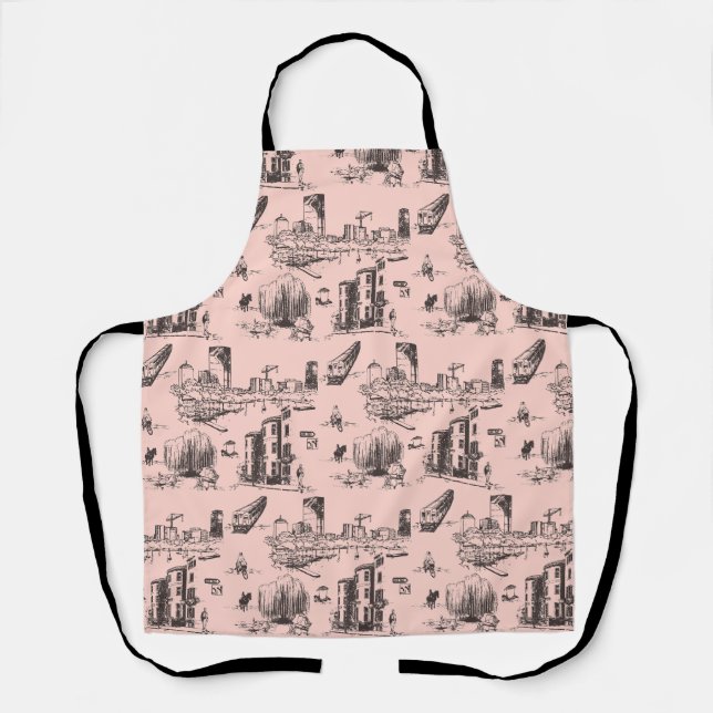 Tablier Boston Toile noir et rose (Recto)