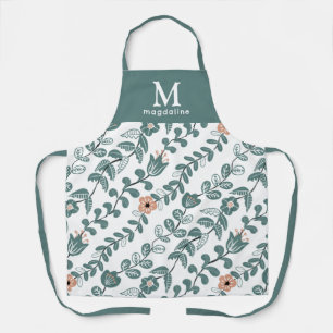 Tablier Botanique Turquoise Floral Nom Monogramme
