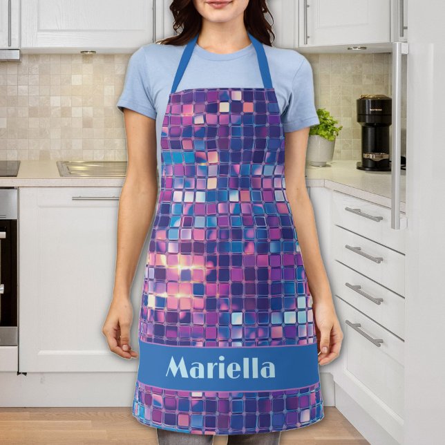 Tablier Boule Disco Bleu super & Violet Personnalisée (Groovy Blue & Purple Disco Ball Personalized Apron)