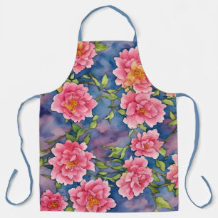 Tablier Bouquet floral Aquarelle Peoné rose sur bleu