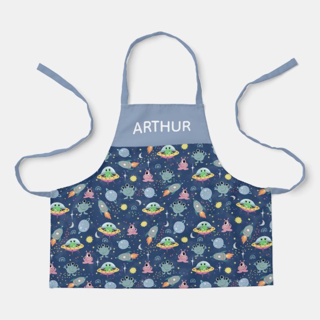 Tablier Boys Blue Cute Space Alien Motif et nom (Recto)