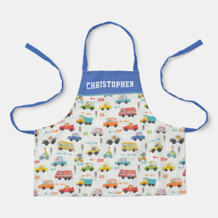 Tablier Boys Cute Transport Motif de voiture Nom personnal