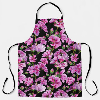 Tablier Branches de géranium, bourgeons roses aquarelles.