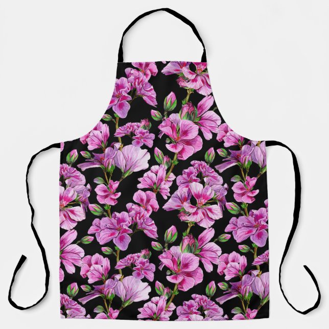 Tablier Branches de géranium, bourgeons roses aquarelles. (Recto)