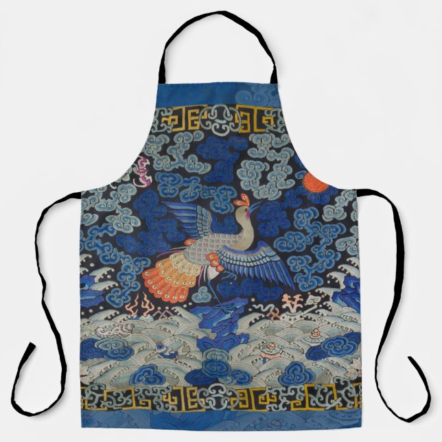 Tablier Broderie chinoise bleu d'oiseau Vintage (Recto)