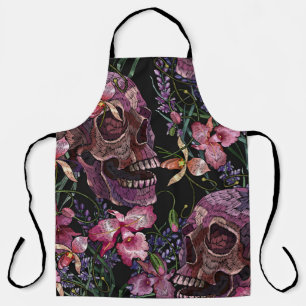 Tablier Broderie crâne humain et fleurs d'orchidées rose