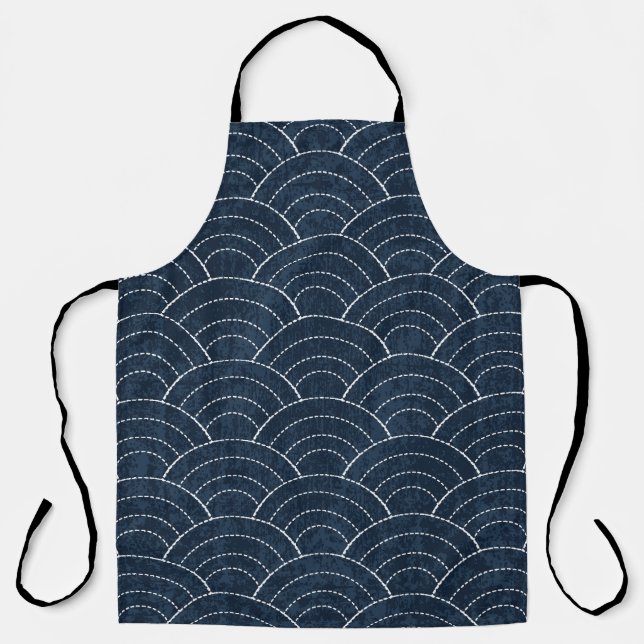 Tablier Broderie Sashiko : Indigo Motif japonais. (Recto)