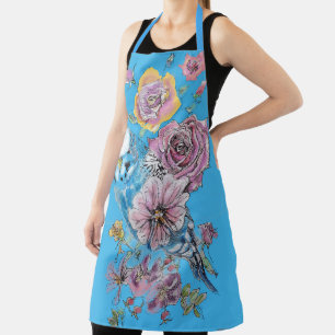 Tablier Budgie Aquarelle Rose Floral Design Blue Apron