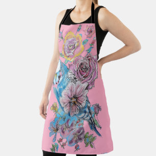 Tablier Budgie Aquarelle Rose Floral Design Pink Apron