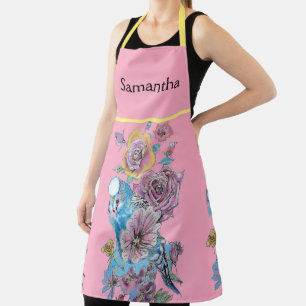 Tablier Budgie Aquarelle Rose Floral Design Pink Apron