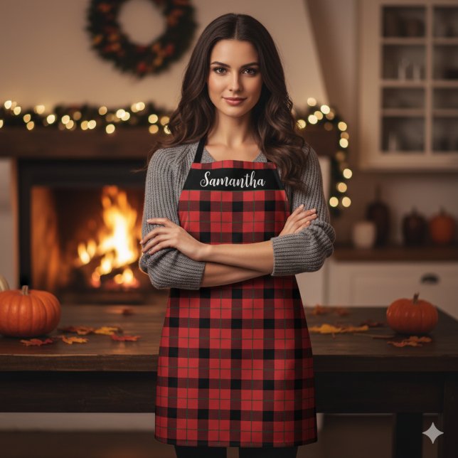 Tablier Buffle rouge et noir Plaid personnalisé (Red and Black Buffalo Plaid Custom Apron - Perfect for Christmas Baking - Just add your name!)