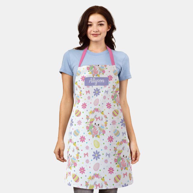 Tablier Bunnies de Pâques Motif Floral Monogramme Nom Apro (Porté)