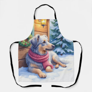 Tablier Cabane de Noël au Berger Bergamasco à l'aquarelle