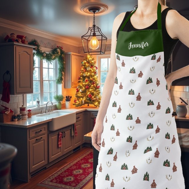 Tablier Cabine confortable nom monogramme Noël (Cozy cabin monogram name Christmas Apron. You can add your name to personalize. Nice holiday apron.)