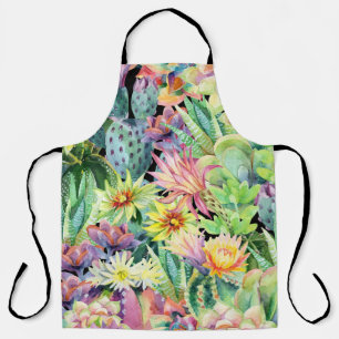 Tablier Cactus en floraison, motif aquarelle transparent.