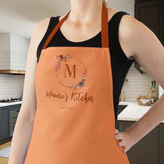 Tablier Cadeau de l'hôtesse Thanksgiving Harvest Mums Mono (thanksgiving hostess gift personalized apron monogram orange pumpkin terracotta mums elegant pretty )