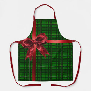 Tablier Cadeau de Noël à carreaux verts et nœud rouge 