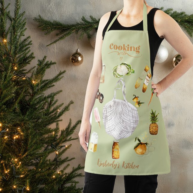 Tablier Cadeau de Noël Vert Rustique Épicerie Aquarelle (Créateur téléchargé)