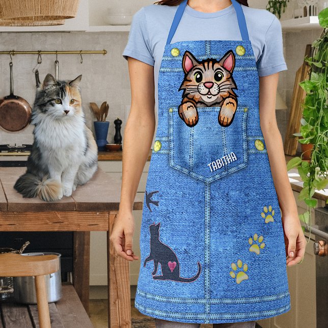 Tablier Calico Chat à Faux Denim Poche avec nom personnali (Créateur téléchargé)