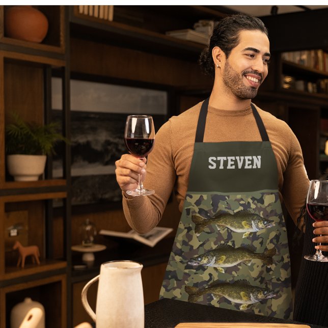 Tablier Camo Walleye Nom de la pêche Sports en plein air H (Cool camouflage walleye fishing men's personalized apron)