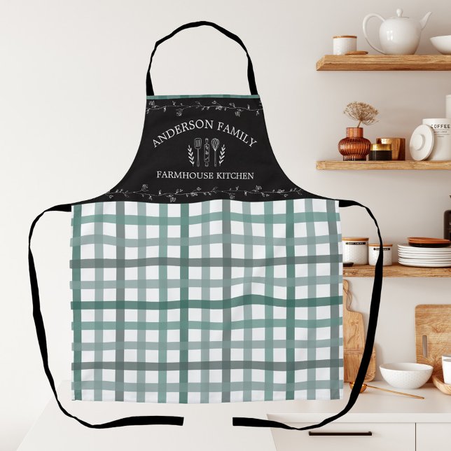 Tablier Campagne Rustique Sage Vert Gingham Tableau Noir (In situ)