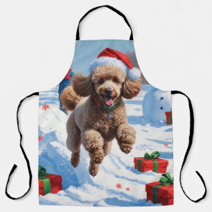 Tablier Caniche courant dans la neige avec un chapeau de N