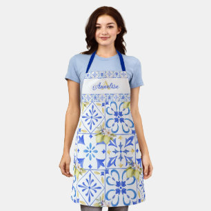 Tablier Carreau bleu motif français pays lemon monogramme