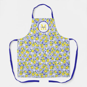 Tablier Carreau de style provençal bleu citron avec monogr