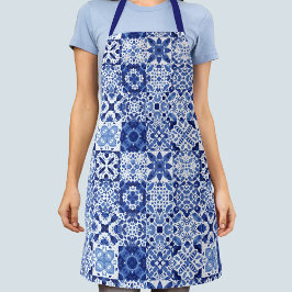 Tablier Carreaux Motif bleu blanc aquarelle