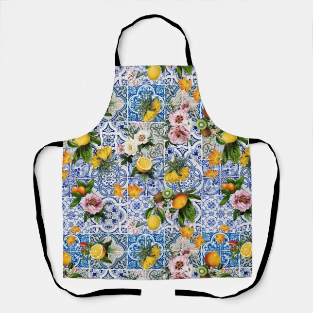 Tablier Carrelage de style sicilien avec fleurs citron mot (Recto)