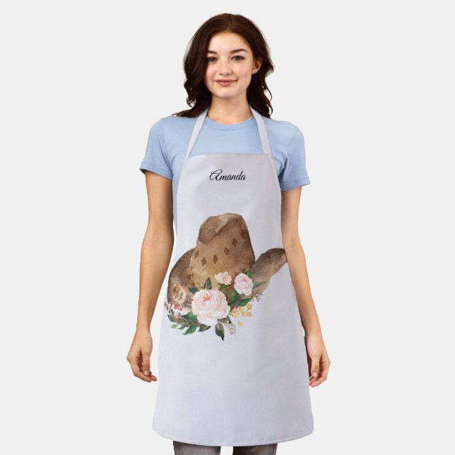 Tablier Casquette Brown Cowgirl avec fleurs roses (Porté)