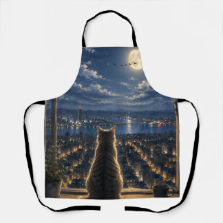 Tablier Chat au Clair de Lune Regardant la Fenêtre de la N
