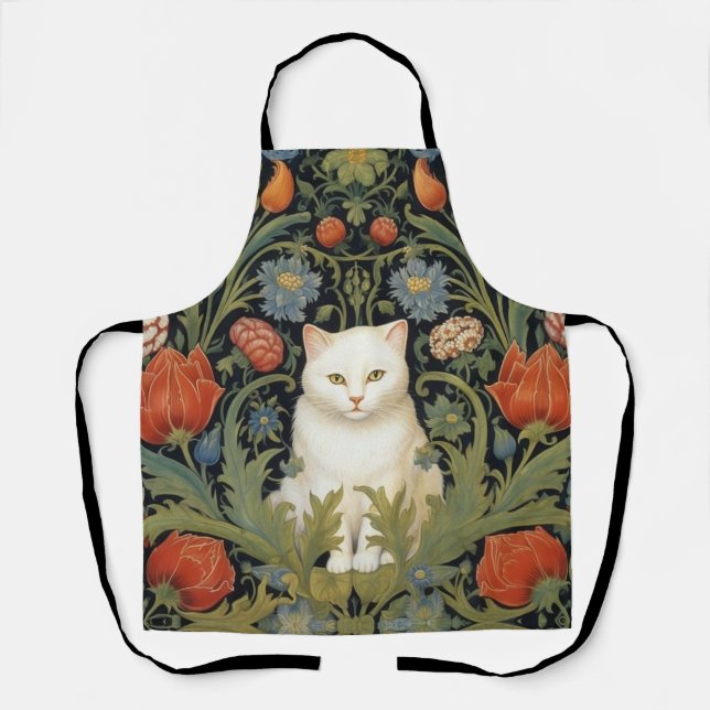 Tablier Chat blanc Art nouveau dans le jardin (Recto)