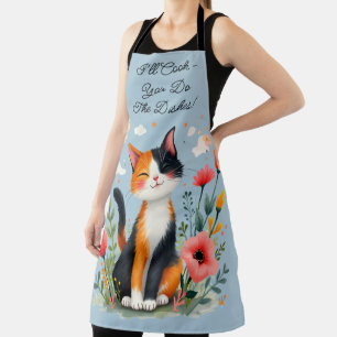 Tablier Chat Calico souriant dans le jardin fleuri