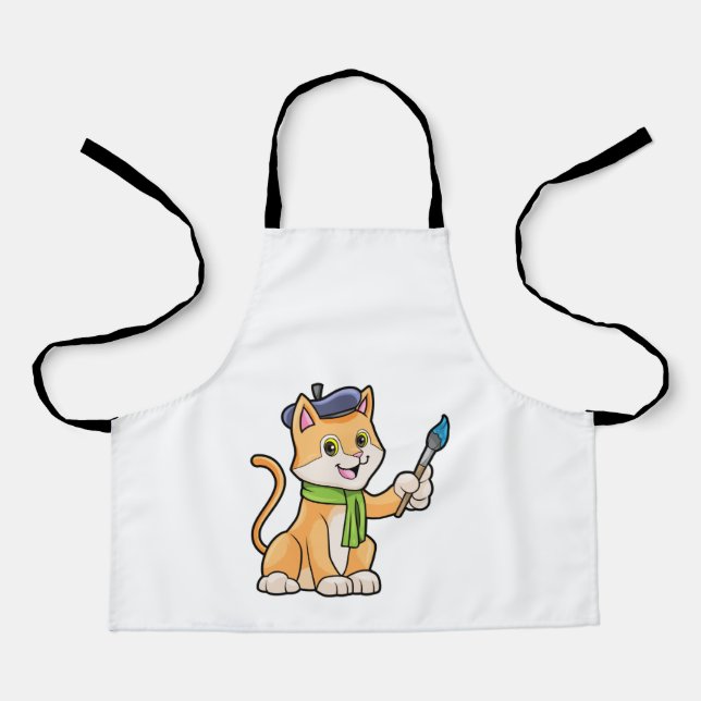 Tablier Chat comme Peintre avec pinceau et écusson (Recto)