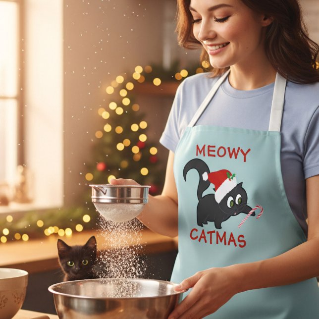 Tablier Chat de Noël mignonne Meowy Catmas Jour de Fêtes (Black Cat Approved Christmas Apron)