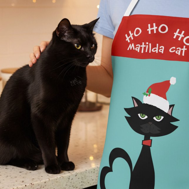 Tablier Chat de Noël Santa Hat Ho Ho Holiday Apron (Ho Ho Ho Holiday apron with a cute Christmas Cat and space for your name)