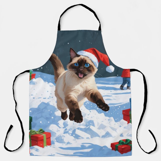 Tablier Chat de Siamese coule en neige avec Casquette de N (Recto)