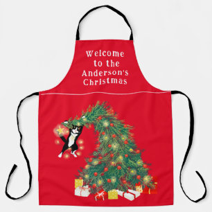 Tablier Chat drôle et sapin de Noël Personnalisé Rouge